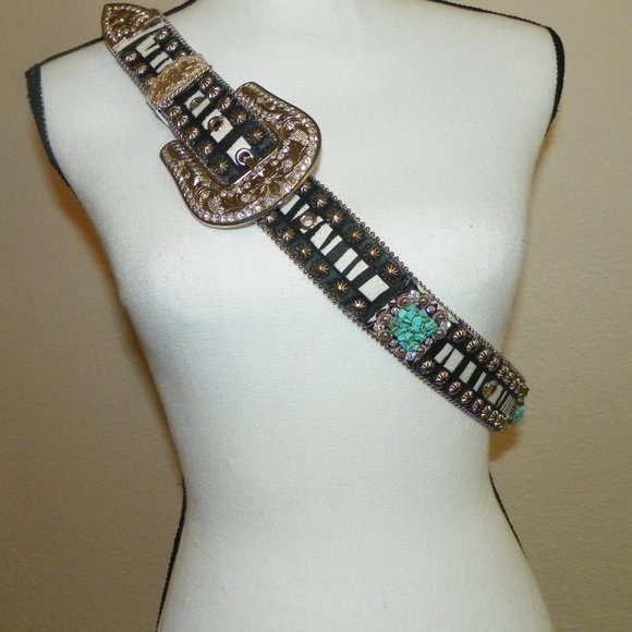Nocona Accessories - Western Black White Leather Turquoise Belt 40" Lg